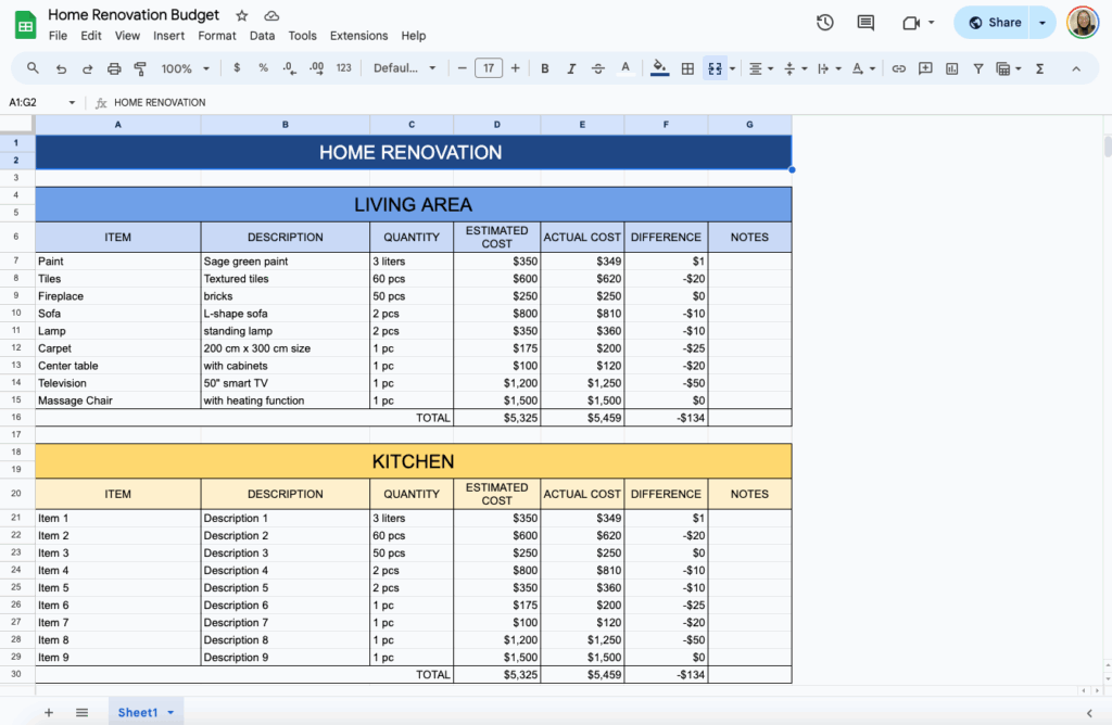 How to Make a Renovation Budget Template in Google Sheets