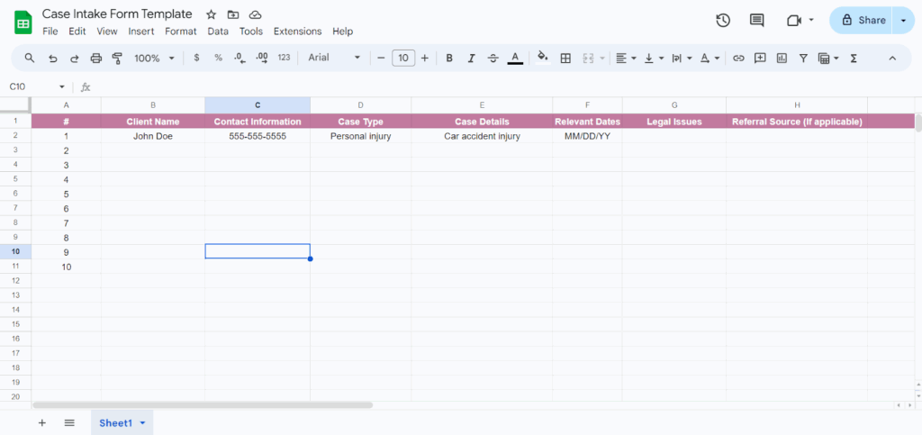 case intake form google sheets template