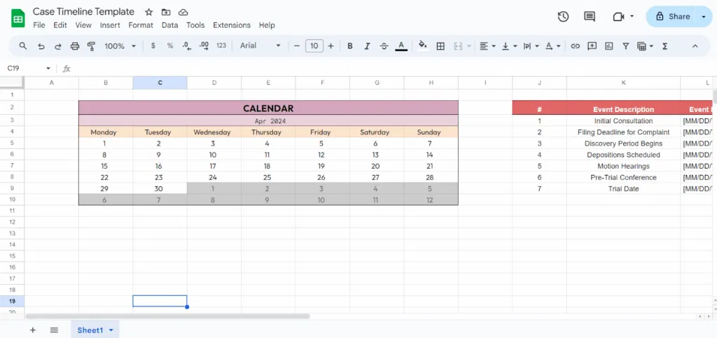 case timeline google sheets template