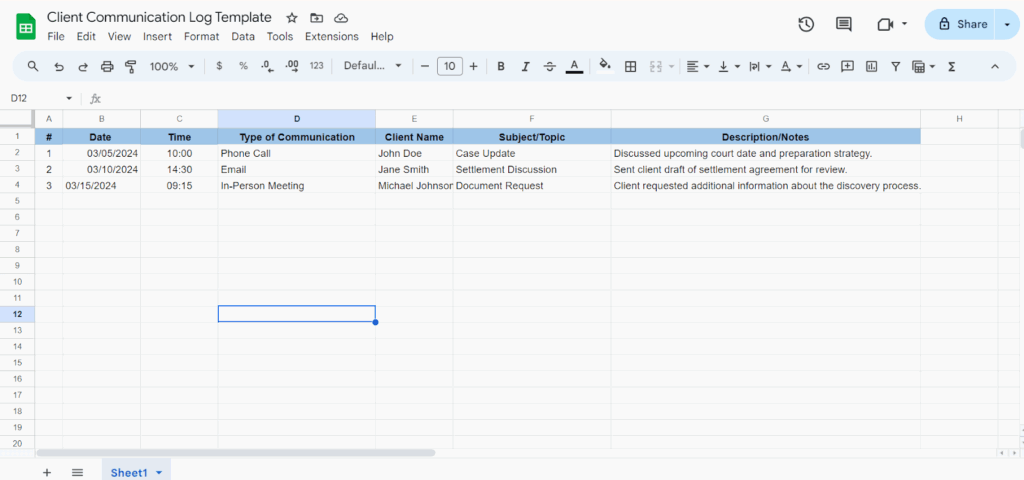 client communication log google sheets template