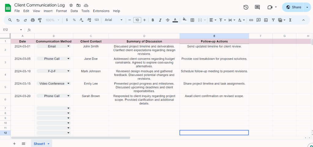 client communication log template google sheets