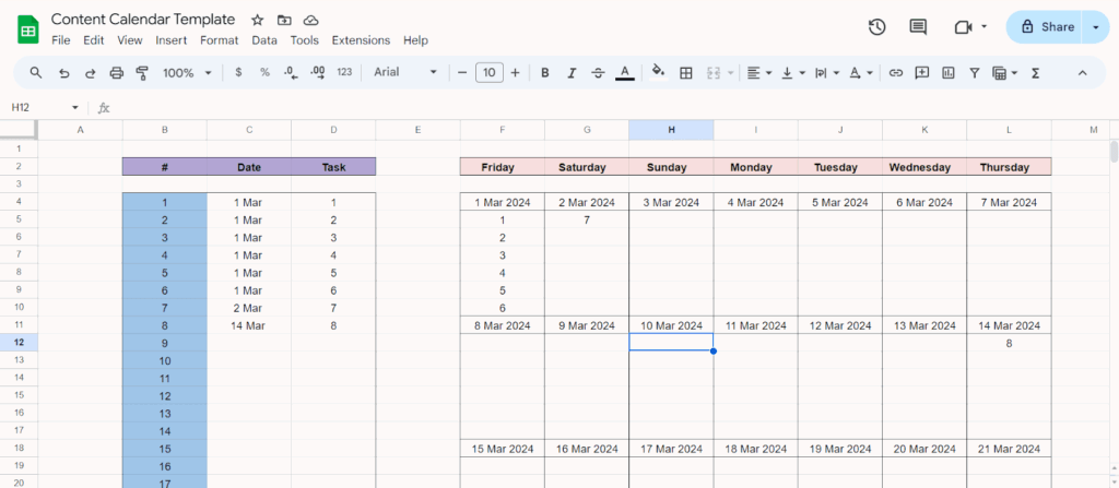 content calendar google sheets template