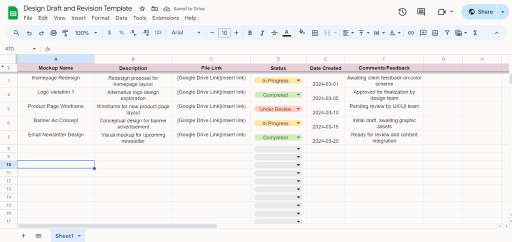 design draft revision template google sheets