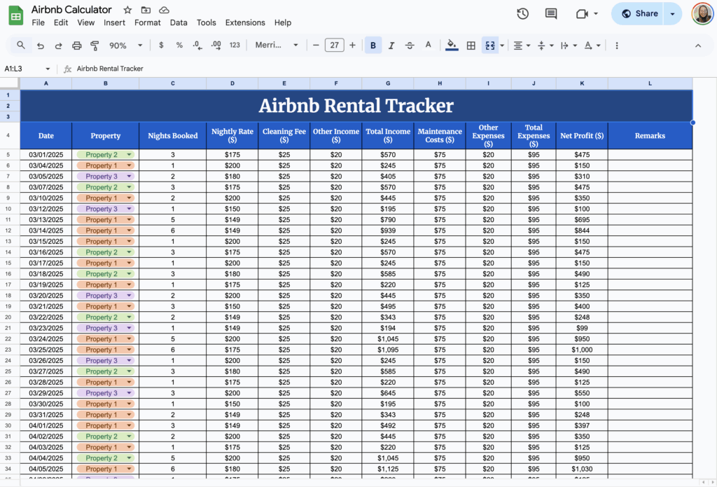 free airbnb calculator template for google sheets