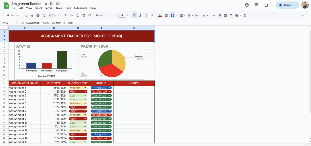 free assignment tracker template for google sheets