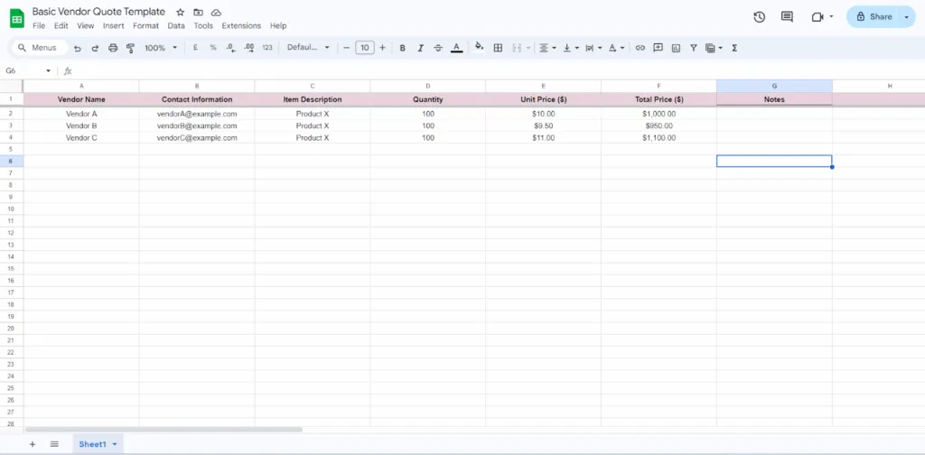 free basic vendor quote template google sheets