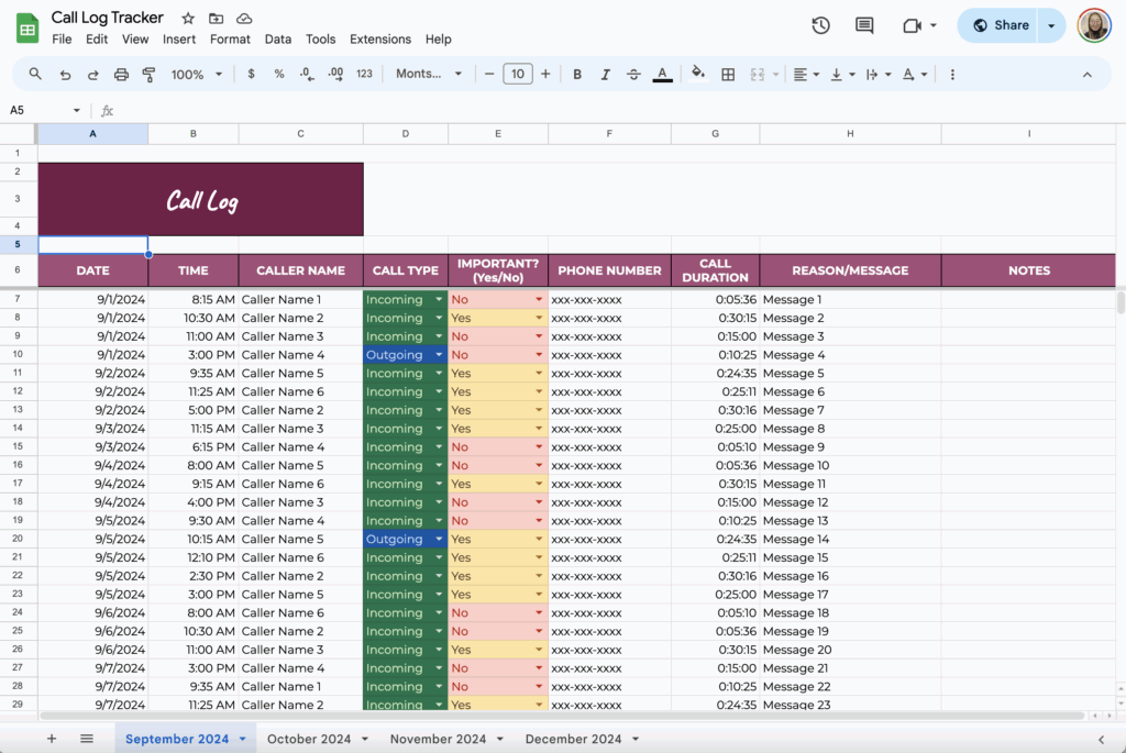 free call log tracker template for google sheets