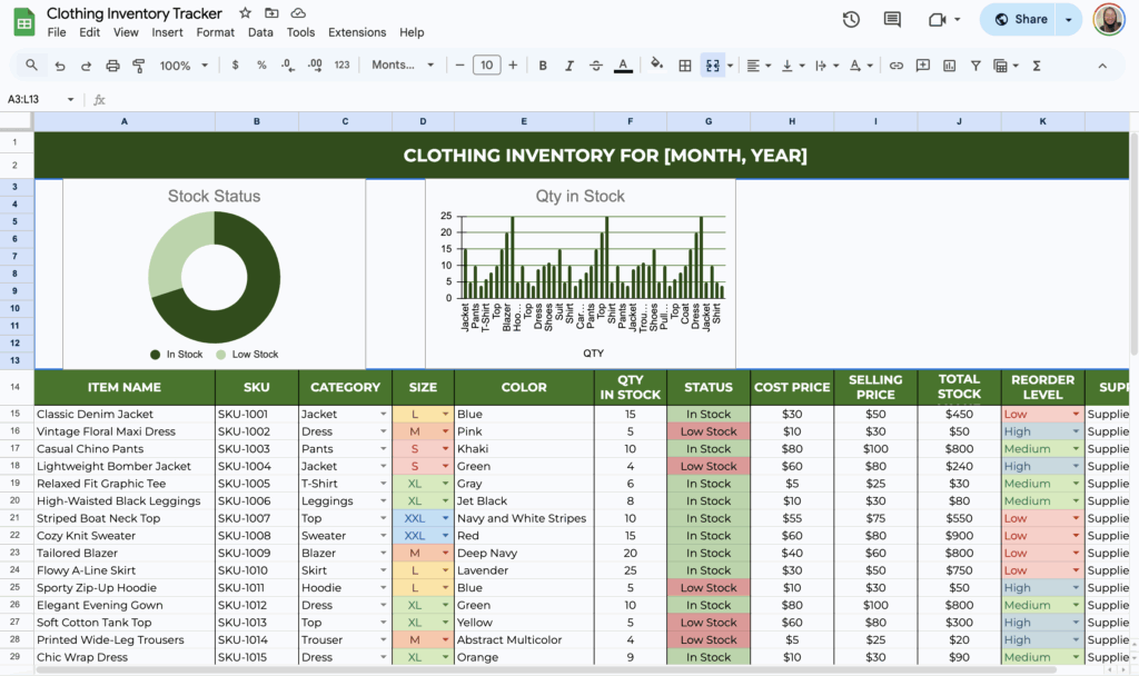 free clothing inventory template for google sheets