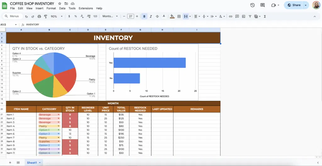 free coffee shop inventory template for google sheets
