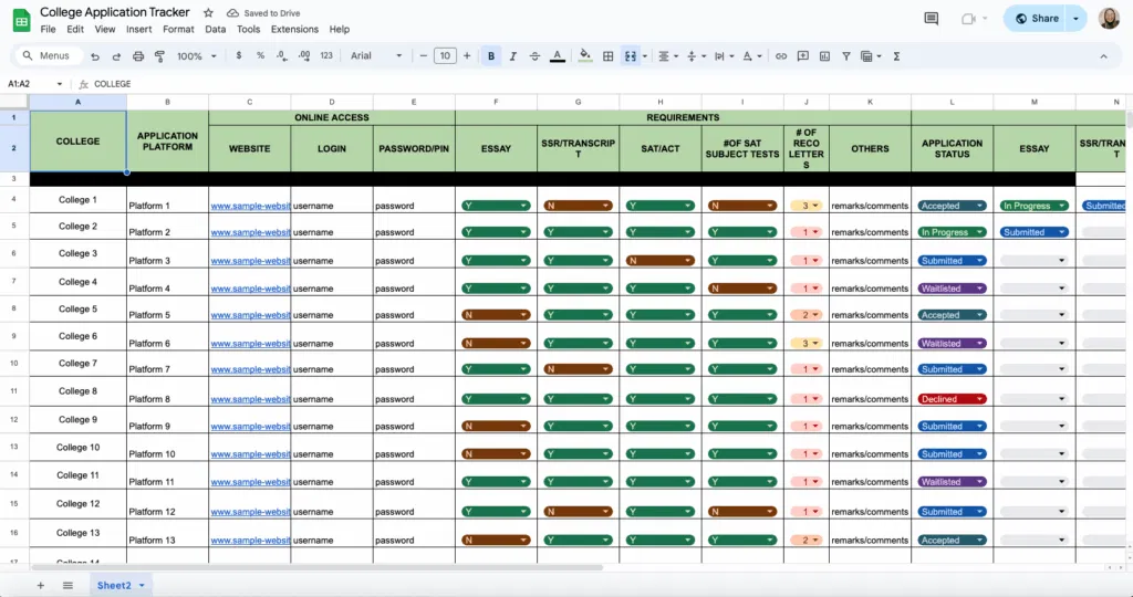 free college application tracker template for google sheets