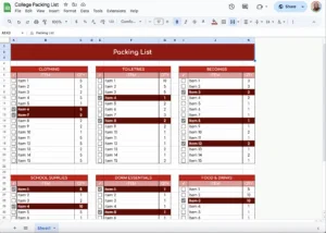 free college packing list template for google sheets