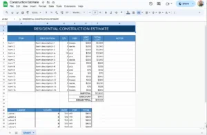 free construction estimate template for google sheets