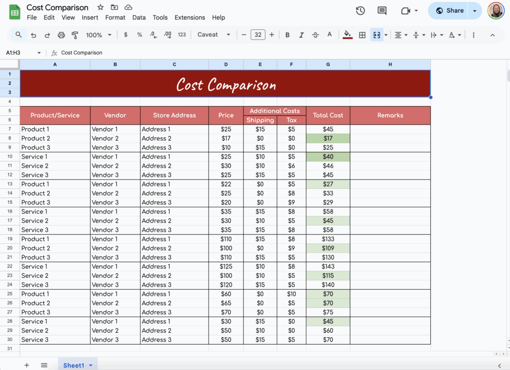 free cost comparison template for google sheets