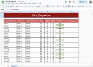 free cost comparison template for google sheets