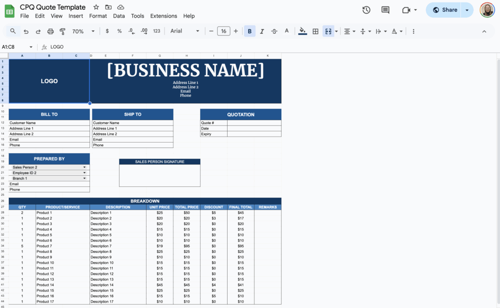 free cpq quote template for google sheets