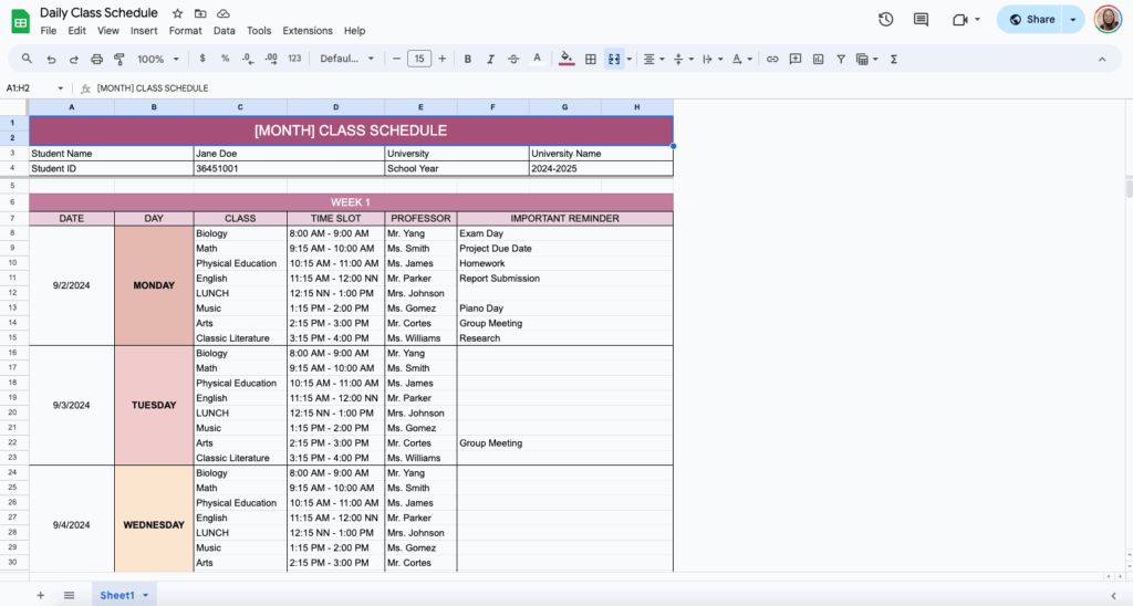 free daily class schedule template for google sheets