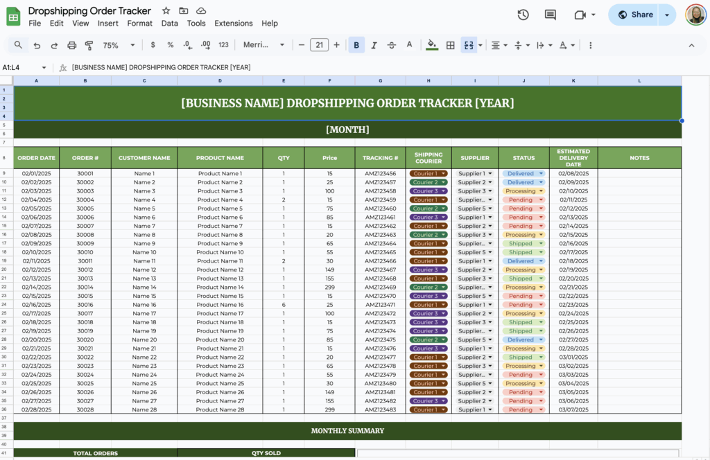free dropshipping order tracker template for google sheets