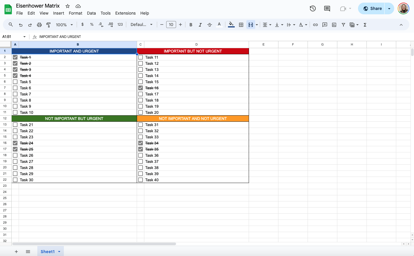 Free Eisenhower Matrix Template for Google Sheets DocsJam