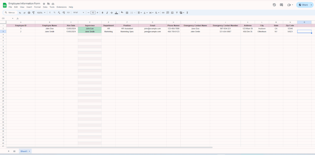 free employee information template google sheets