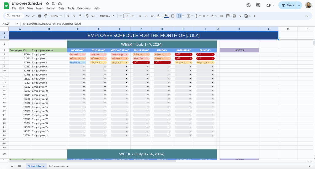 free employee schedule template for google sheets