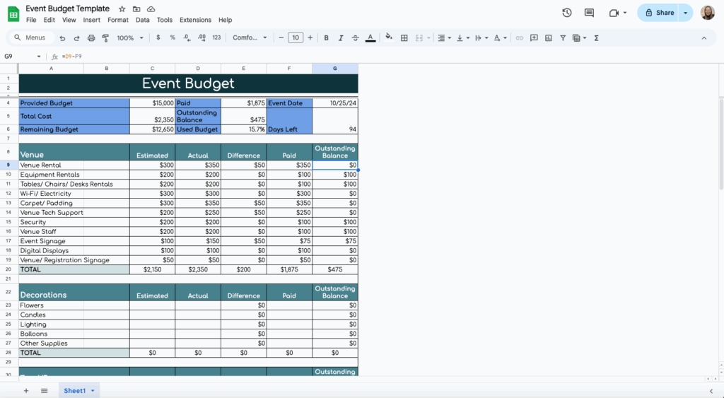 free event budget template for google sheets