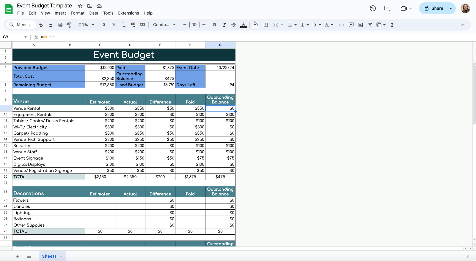 Event Budget Template Google Sheets