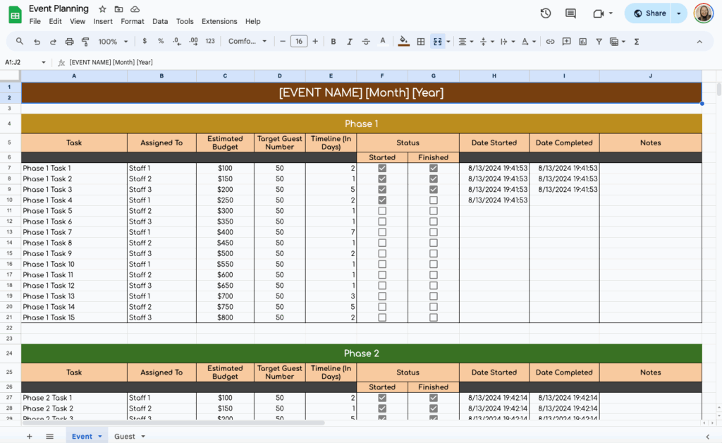 free event planning template for google sheets