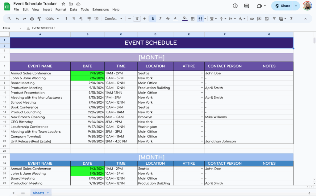 free event schedule tracker template for google sheets