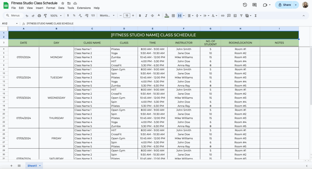free fitness schedule template for google sheets