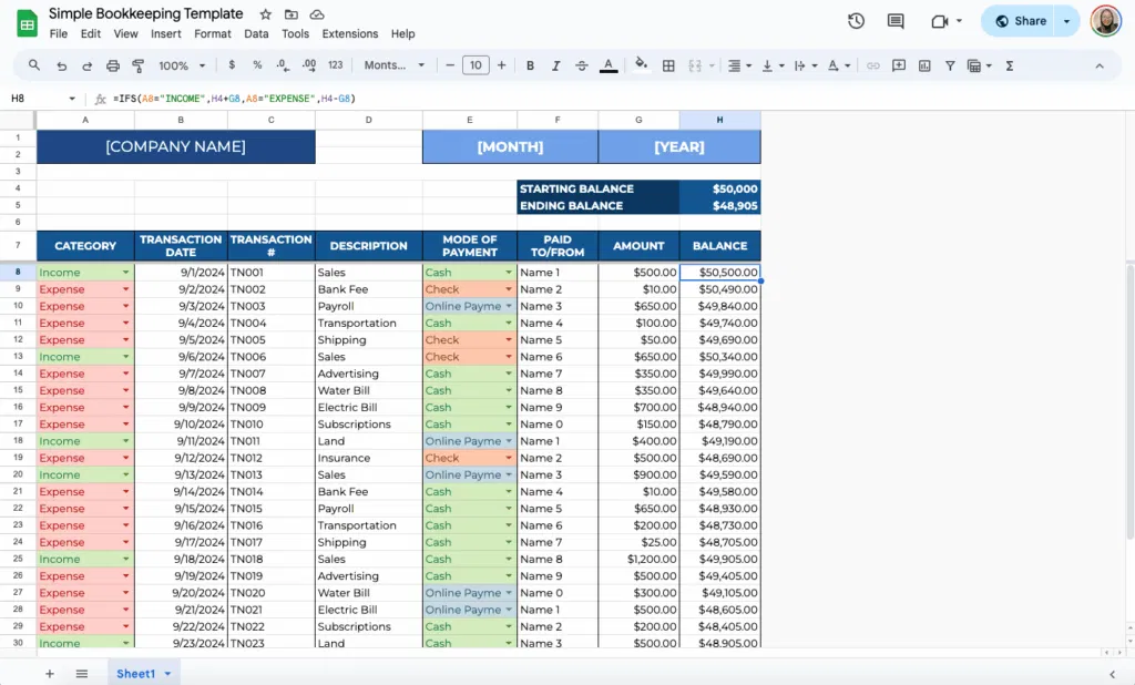 free free bookkeeping template for google sheets