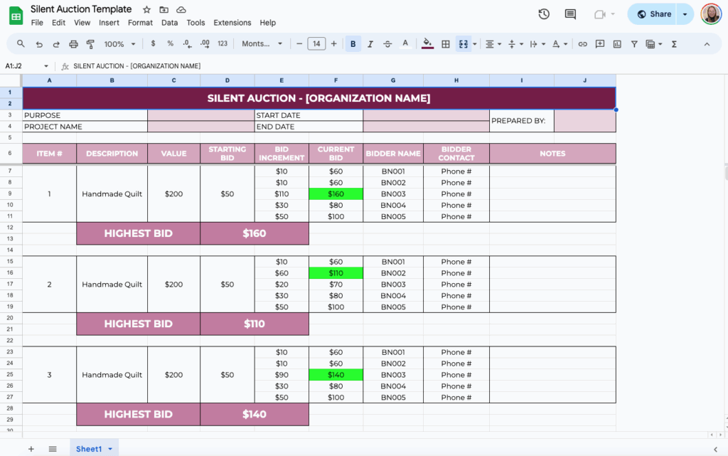 free free silent auction template for google sheets