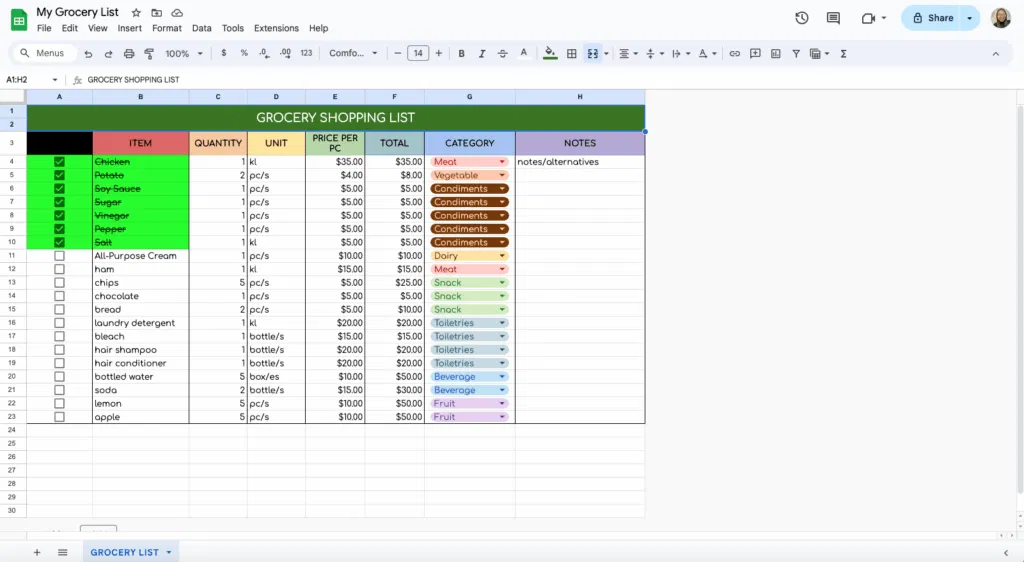 free grocery list template for google sheets