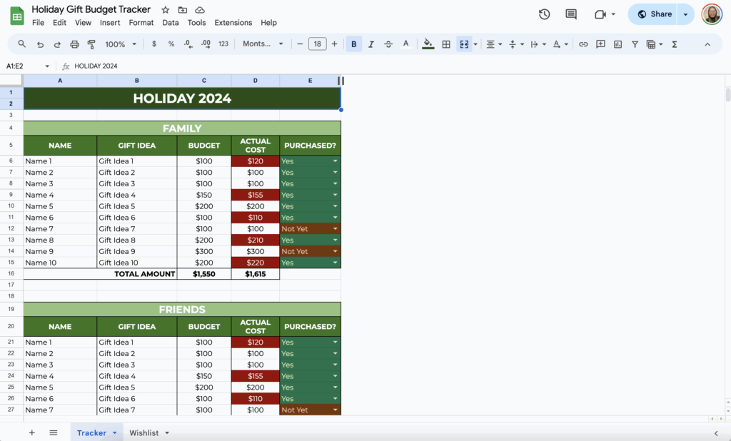 free holiday gift budget tracker template for google sheets