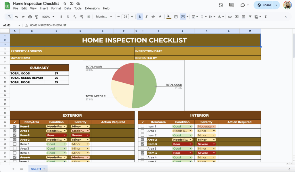 free home inspection checklist report template for google sheets