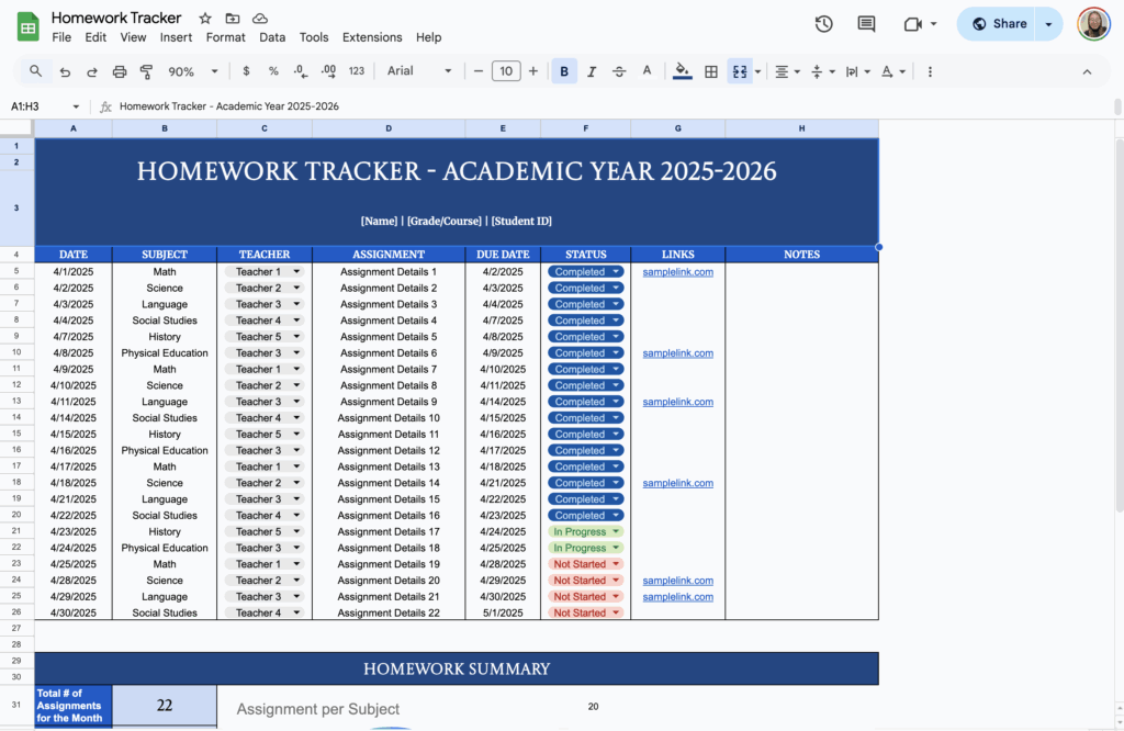 free homework tracker template for google sheets