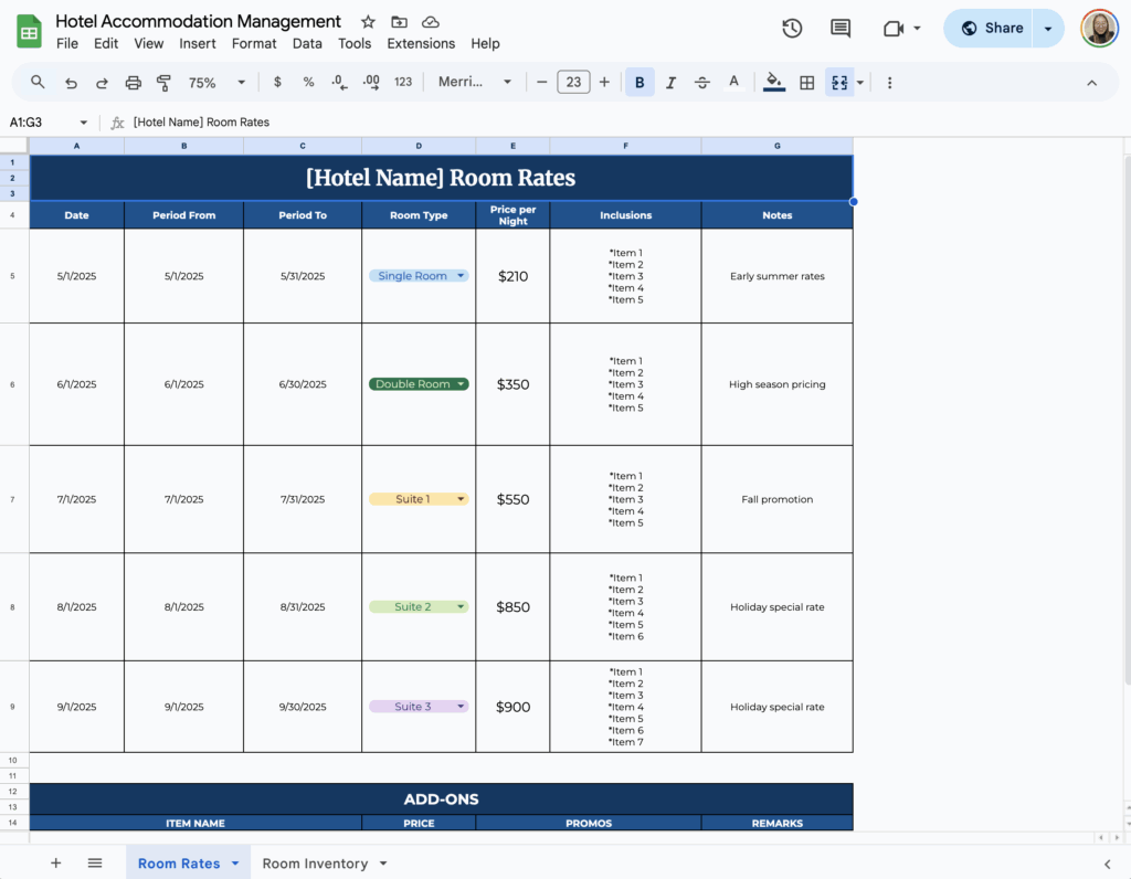 free hotel accommodation management template for google sheets