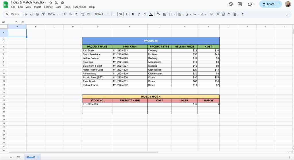 free index match function template for google sheets