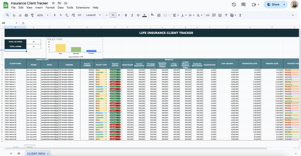 free insurance broker client tracker for google sheets