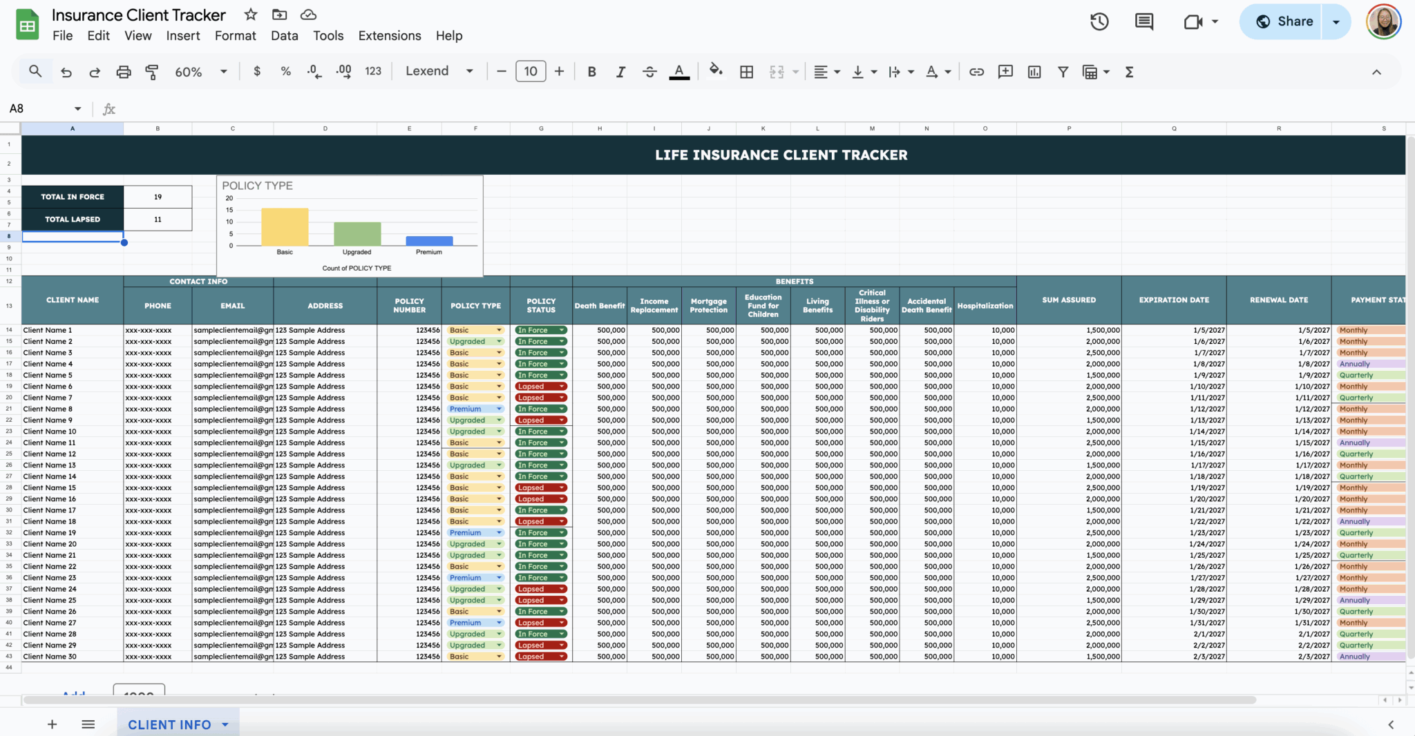 Free Insurance Broker Client Tracker for Google Sheets - DocsJam