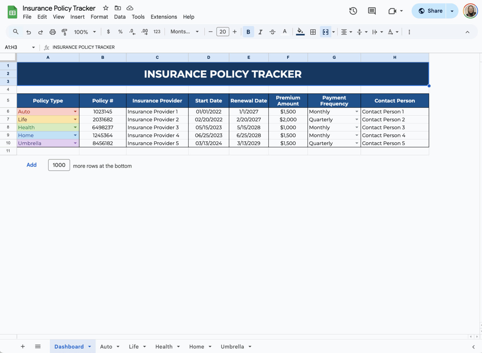 Free Insurance Policy Tracker for Google Sheets - DocsJam
