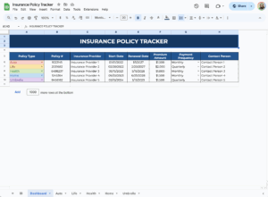 free insurance policy tracker for google sheets