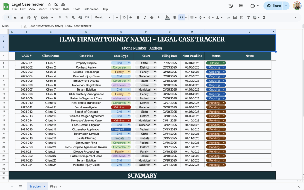 free legal case tracker template for google sheets