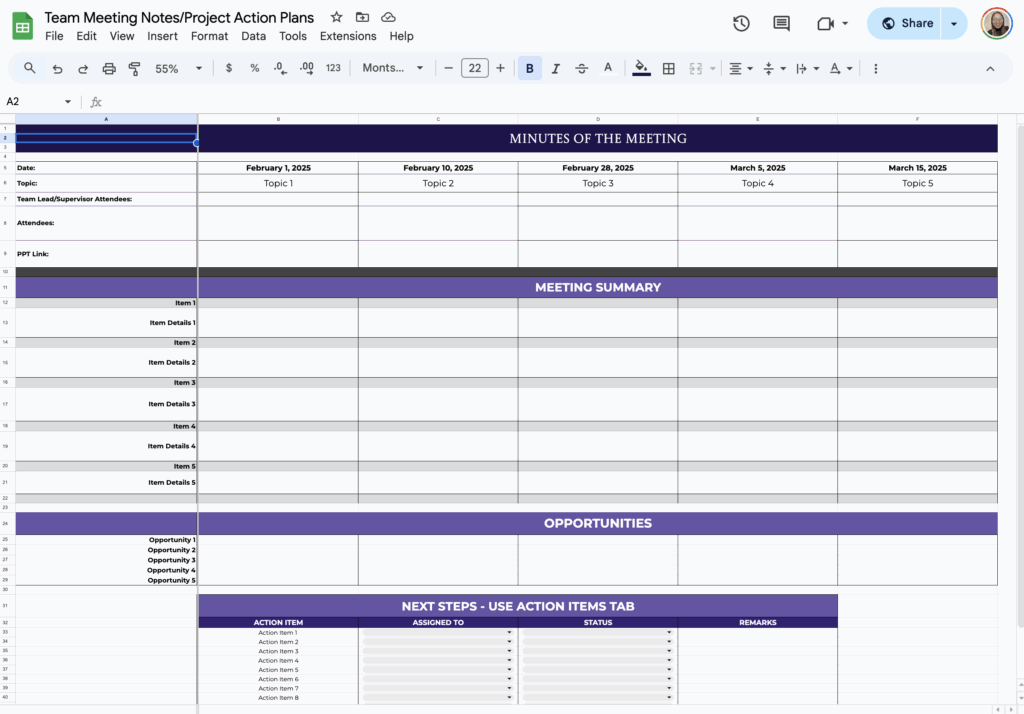 free meeting notes and action plans template for google sheets