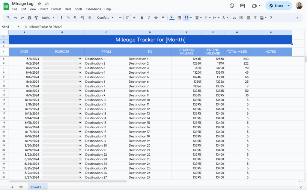 free mileage tracker template for google sheets