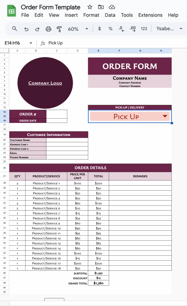 free order form template for google sheets