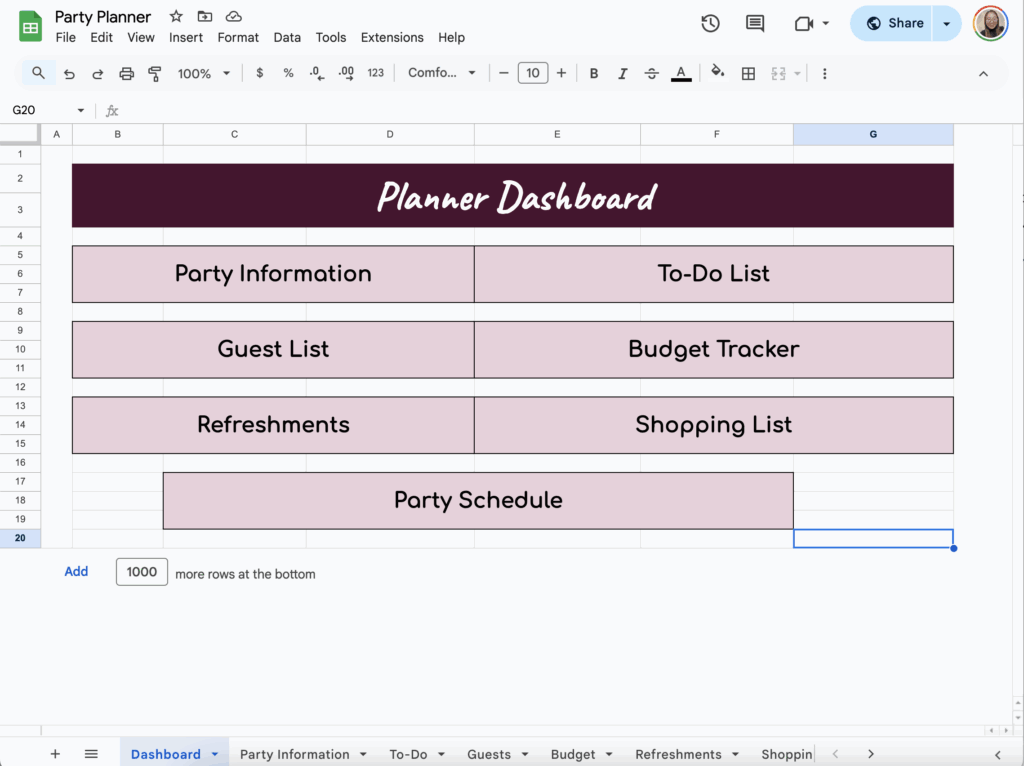free party planner template for google sheets