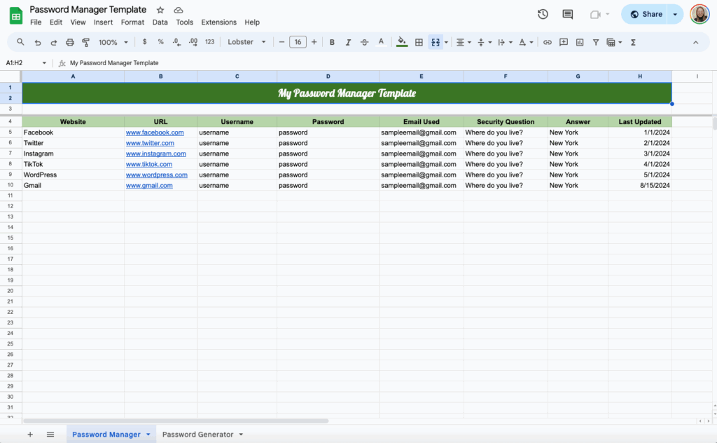 free password manager and password generator template for google sheets