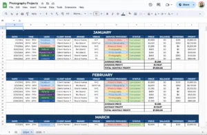 free photography business template for google sheets