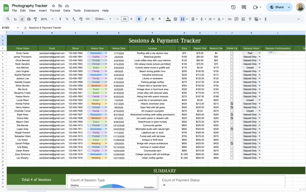 free photography session and payment management tracker template for google sheets