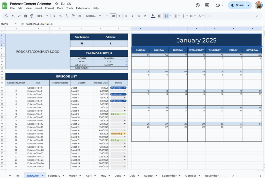 free podcast content calendar template for google sheets